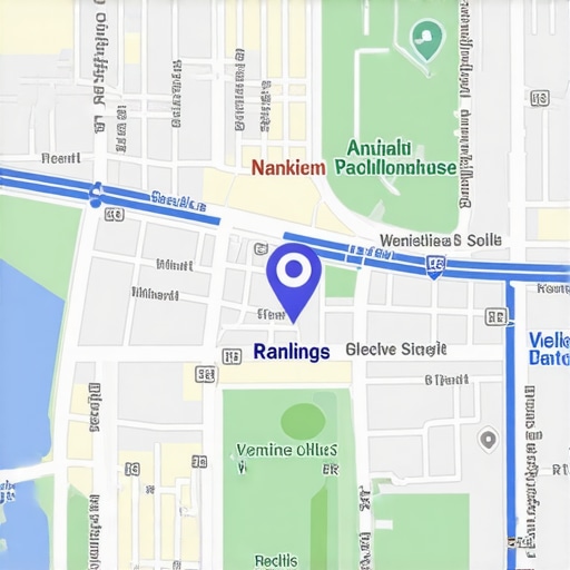 Digital map displaying local search rankings and analytics data.