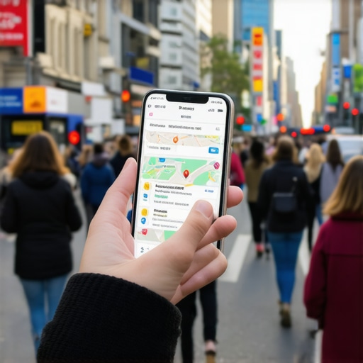 Micro-Moment in Urban Environment Person using smartphone to find nearby businesses during micro-moment
